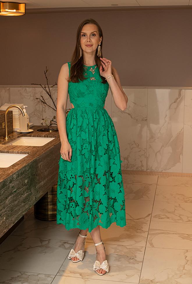 Self-Portrait 3D Cotton Lace Midi Dress Green Festkjole