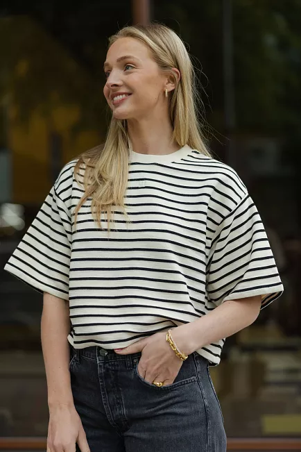 Anine Bing Myers Cropped Tee Black Stripe French Terry t-skjorte