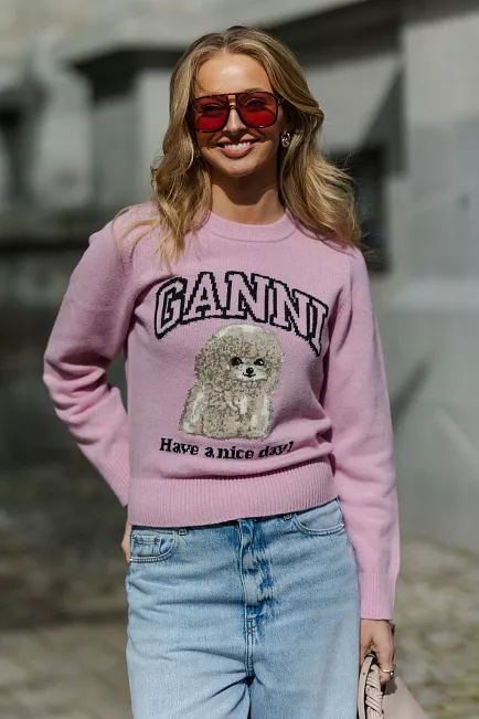 GANNI Graphic Wool Mix Poodle Crewneck Chalk Pink genser