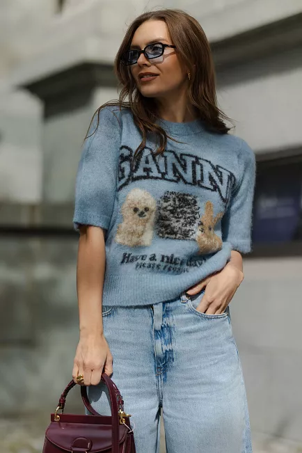GANNI Fine Brushed Alpaca Puppies T-Shirt Soft Chambray genser