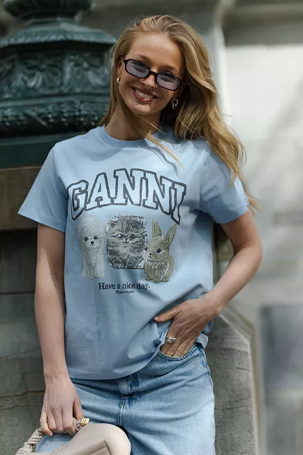 GANNI Basic Cotton Jersey Animals Relaxed T-Shirt Chambray Blue t-skjorte