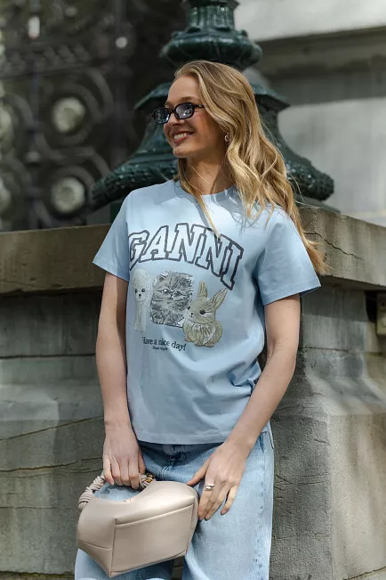 GANNI Basic Cotton Jersey Animals Relaxed T-Shirt Chambray Blue t-skjorte 2