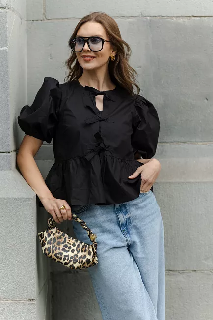 GANNI Cotton Poplin Peplum Blouse Black bluse 