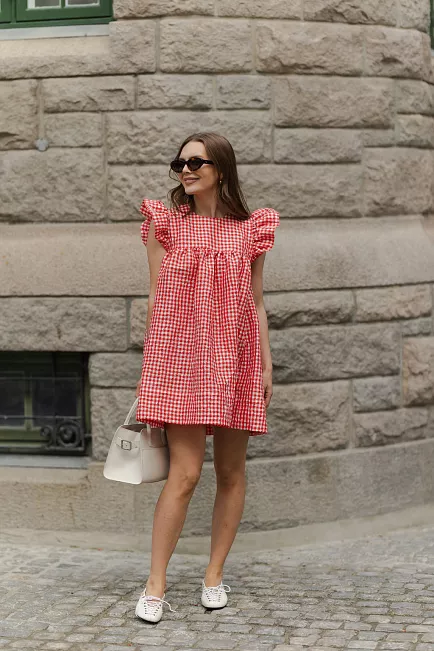 GANNI Crinkled Taffeta Check Frill Mini Dress Red Alert kjole 2