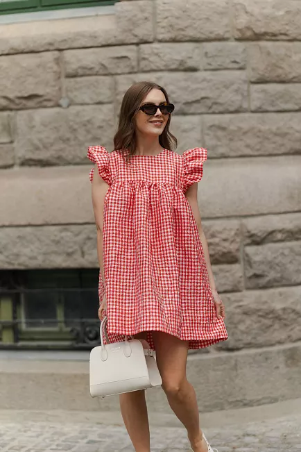 GANNI Crinkled Taffeta Check Frill Mini Dress Red Alert kjole 