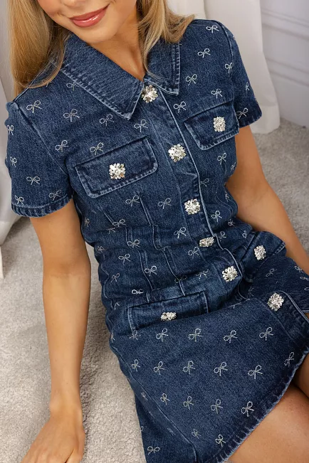 Self-Portrait Diamante Bow Mini Button Dress Denim Blue 2