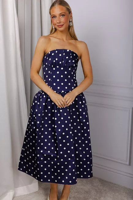 Self Portrait polka dot satin midi dress blå kjole 1
