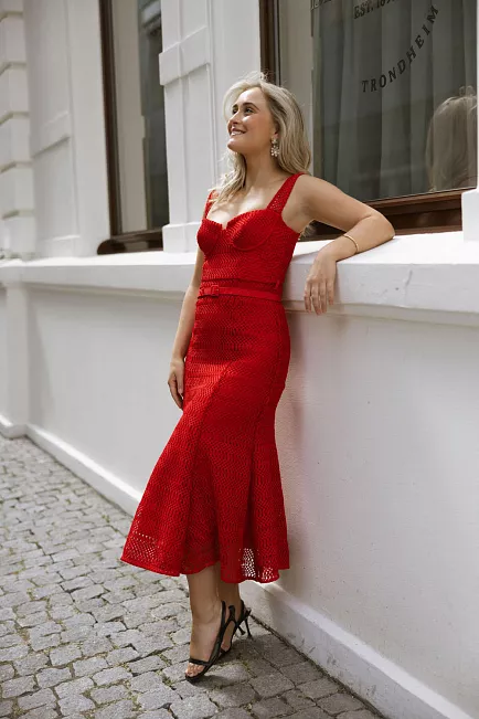  Self Portrait Lattice Lace Midi Dress Red midikjole 2
