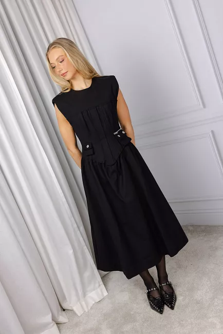 GANNI Heavy Cotton Tailoring Corset Midi Dress Black kjole
