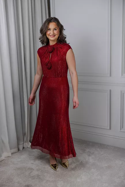 Self-Portrait Rhinestone Fishnet Midi Dress Red midikjole