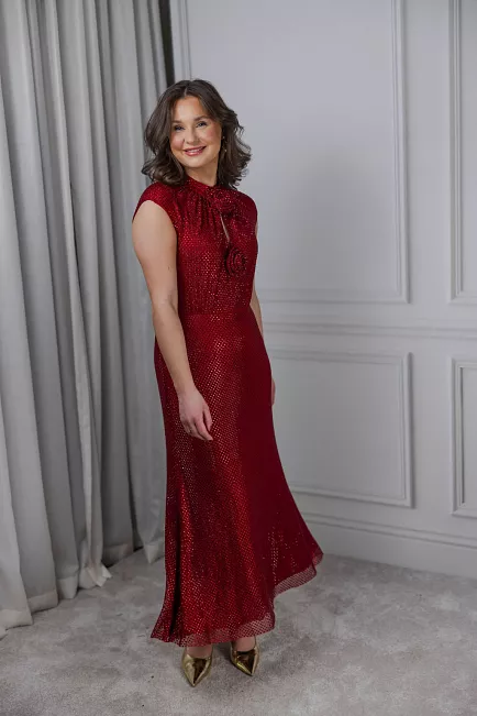 Self-Portrait Rhinestone Fishnet Midi Dress Red midikjole 2