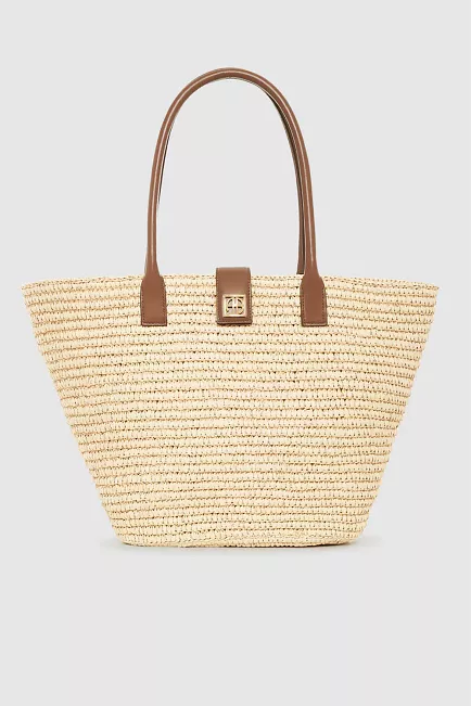 Anine Bing Lou Tote Monogram Natural With Cognac stråveske