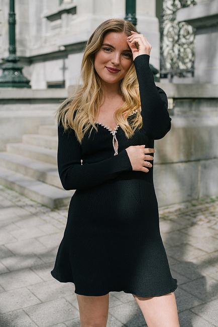 Self-Portrait Black Knit Diamante Mini Dress kjole