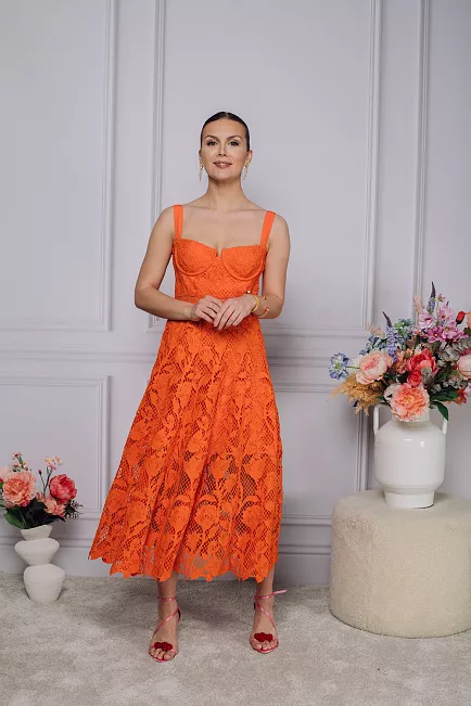 Self-Portrait Lace Midi Dress Orange kjole