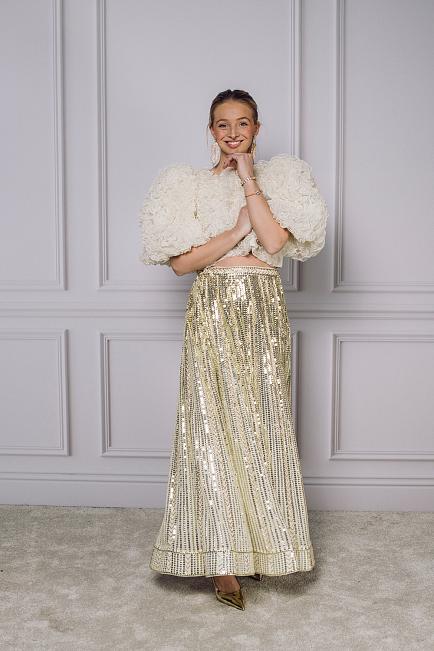 Long Sequin Skirt Offwhite and Gold 5