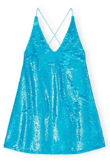 Ganni Sequins Strap Mini Dress Blue Curacao minikjole paljettkjole