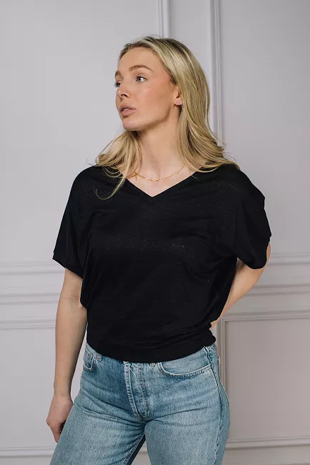 Sophia Loose Linen T-Shirt Noir 1
