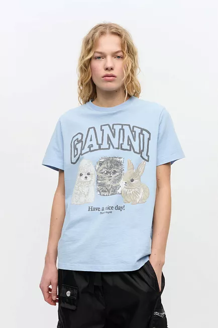 GANNI Basic Cotton Jersey Animals Relaxed T-Shirt Chambray Blue t-skjorte