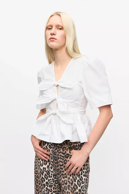 GANNI Washed Stretch Cotton Tie Strap Blouse Bright White skjorte