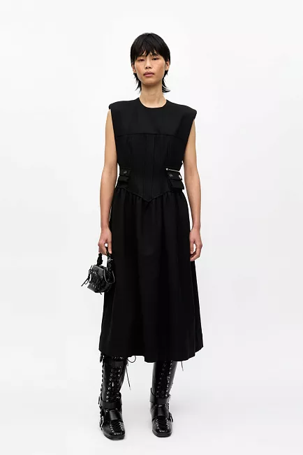GANNI Heavy Cotton Tailoring Corset Midi Dress Black midikjole