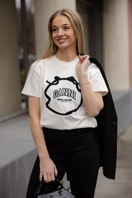 ganni heavy cotton bow relaxed t-shirt offwhite 1