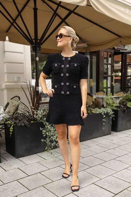 Self-Portrait Buttoned Knit Mini Dress Black minikjole