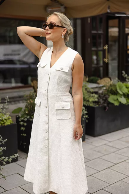 Self-Portrait Tinsel Boucle Buttoned Midi Dress Cream kjole 2