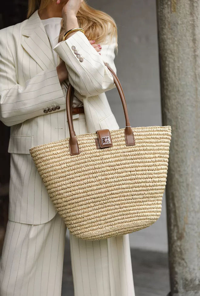 Anine Bing Lou Tote Monogram Natural With Cognac stråveske 5
