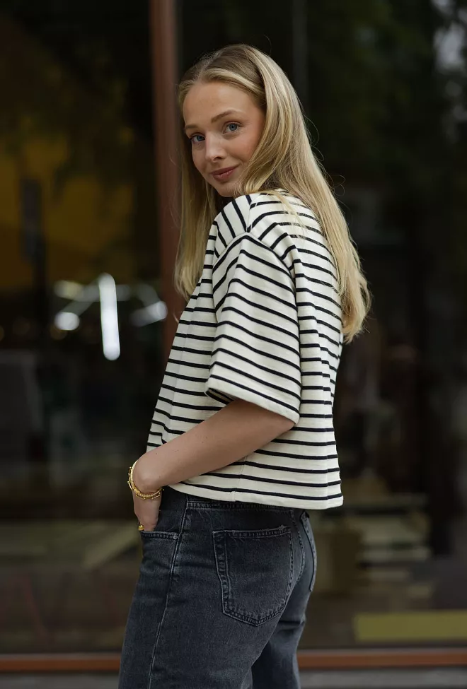 Anine Bing Myers Cropped Tee Black Stripe French Terry t-skjorte 3