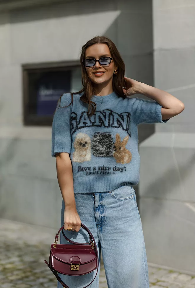 GANNI Fine Brushed Alpaca Puppies T-Shirt Soft Chambray genser 2
