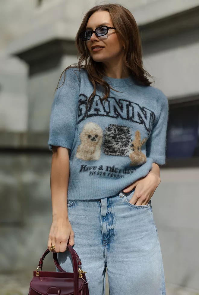 GANNI Fine Brushed Alpaca Puppies T-Shirt Soft Chambray genser