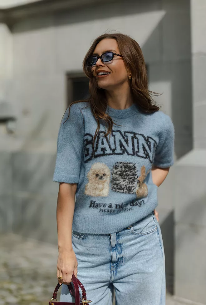 GANNI Fine Brushed Alpaca Puppies T-Shirt Soft Chambray genser 7