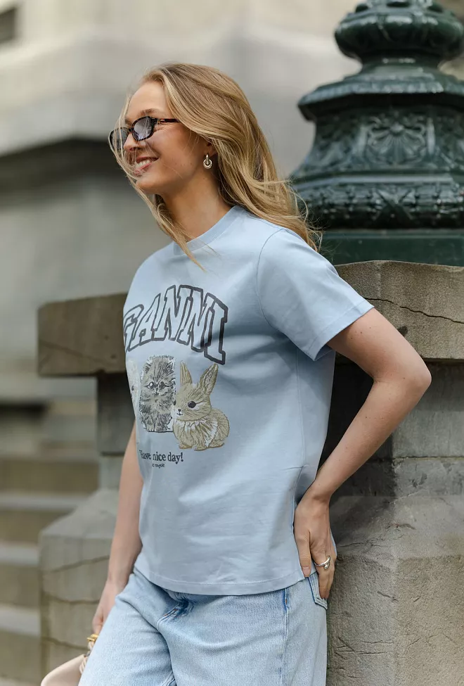 GANNI Basic Cotton Jersey Animals Relaxed T-Shirt Chambray Blue t-skjorte 7