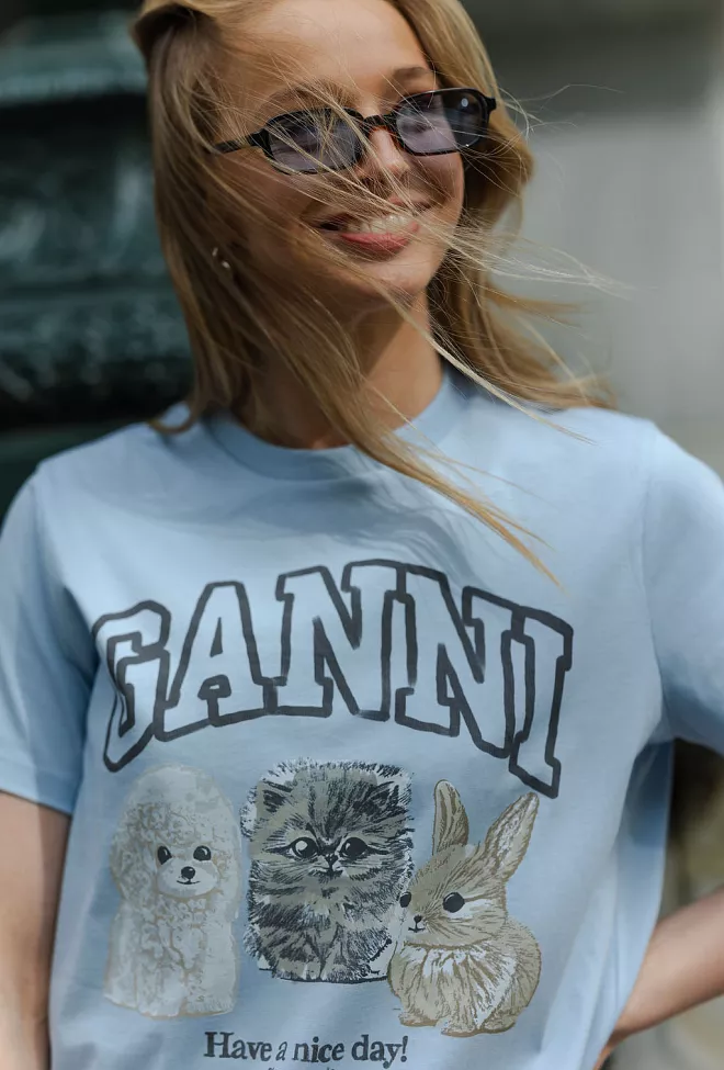 GANNI Basic Cotton Jersey Animals Relaxed T-Shirt Chambray Blue t-skjorte 8