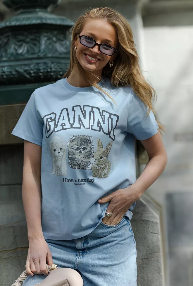 GANNI Basic Cotton Jersey Animals Relaxed T-Shirt Chambray Blue t-skjorte