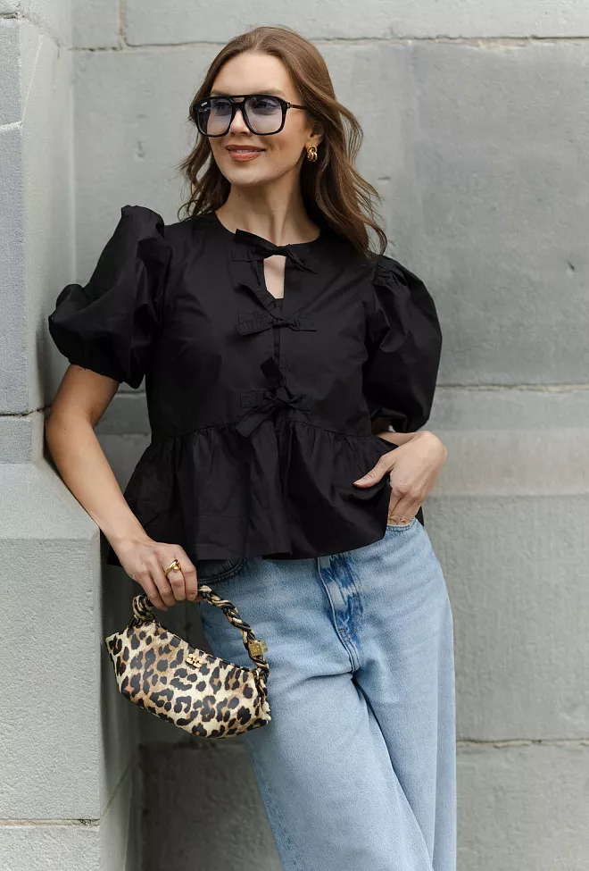 GANNI Cotton Poplin Peplum Blouse Black bluse 