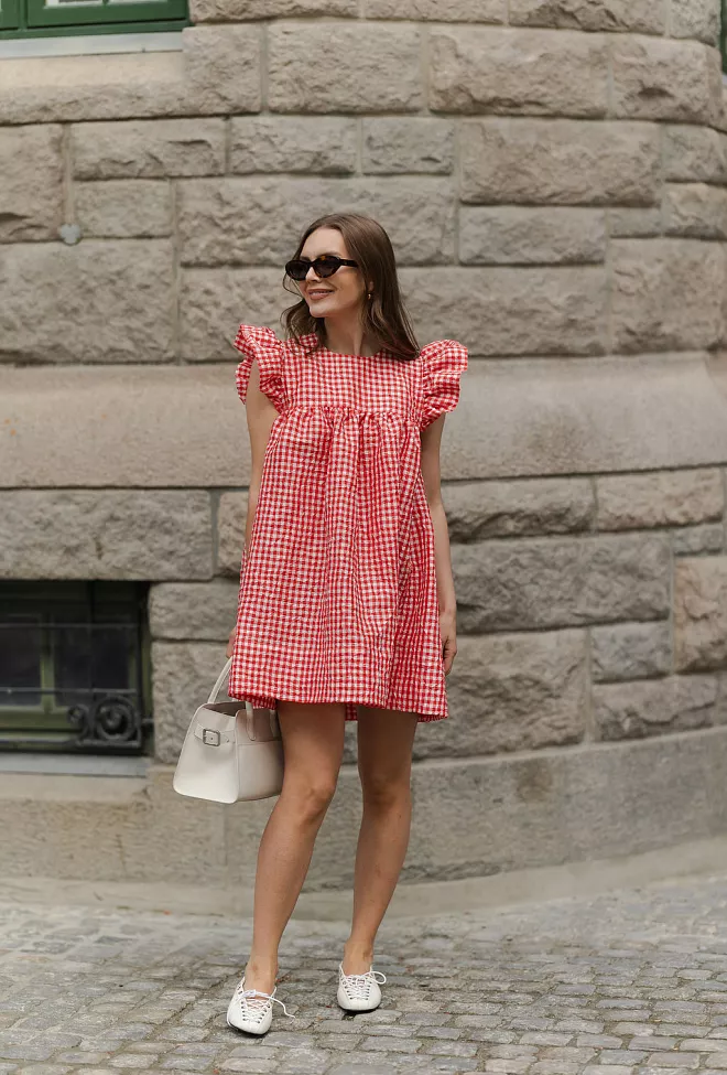 GANNI Crinkled Taffeta Check Frill Mini Dress Red Alert kjole 2