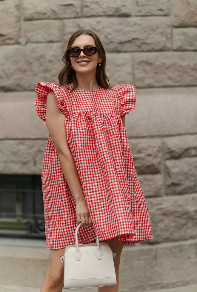 GANNI Crinkled Taffeta Check Frill Mini Dress Red Alert kjole 5