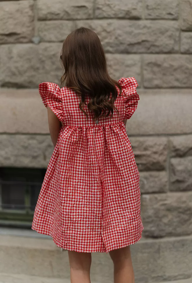 GANNI Crinkled Taffeta Check Frill Mini Dress Red Alert kjole 4