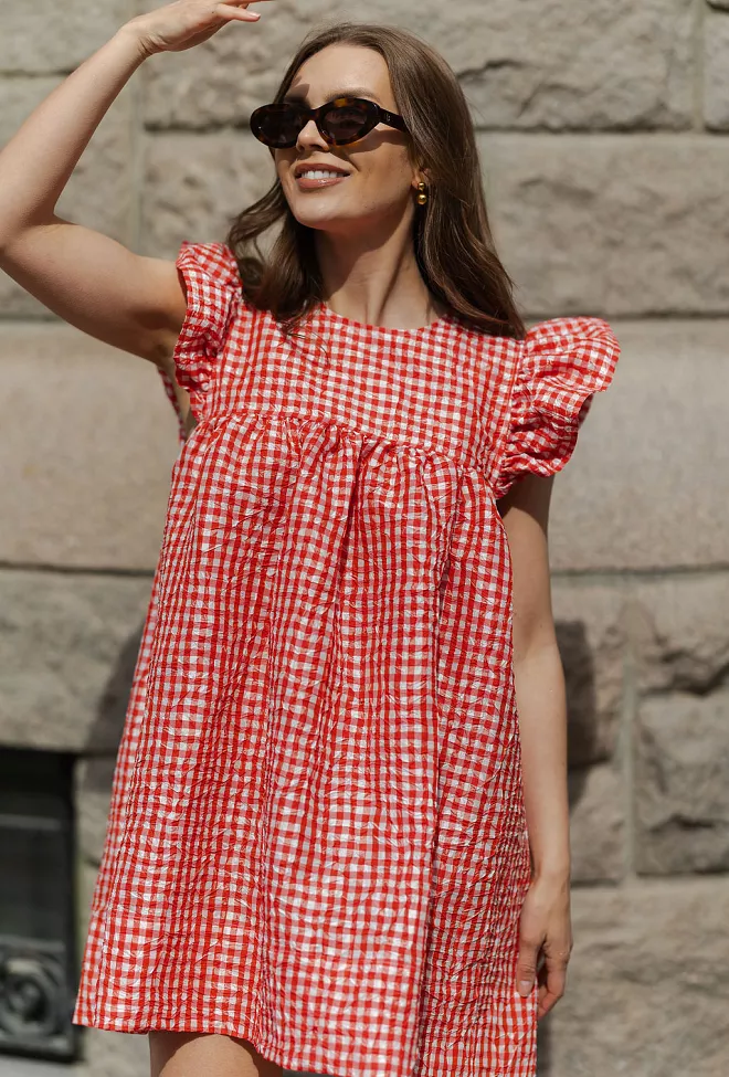 GANNI Crinkled Taffeta Check Frill Mini Dress Red Alert kjole 6
