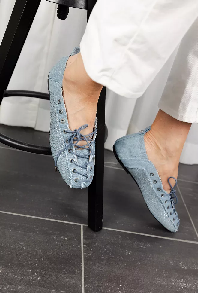 GANNI Eyelets Lace Up Ballerina Strass Denim Faded Denim sko 111