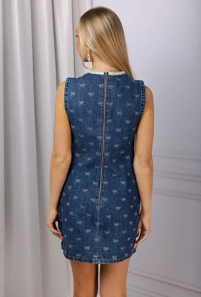 Self Portrait Diamante Bow Mini Dress Denim Blue kjole 4