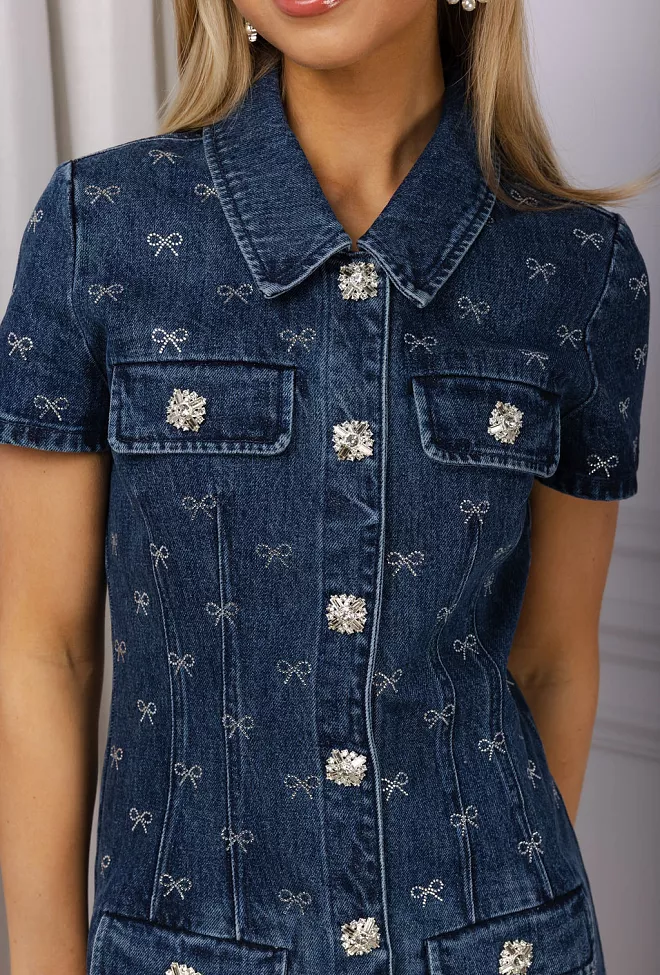 Self-Portrait Diamante Bow Mini Button Dress Denim Blue 7