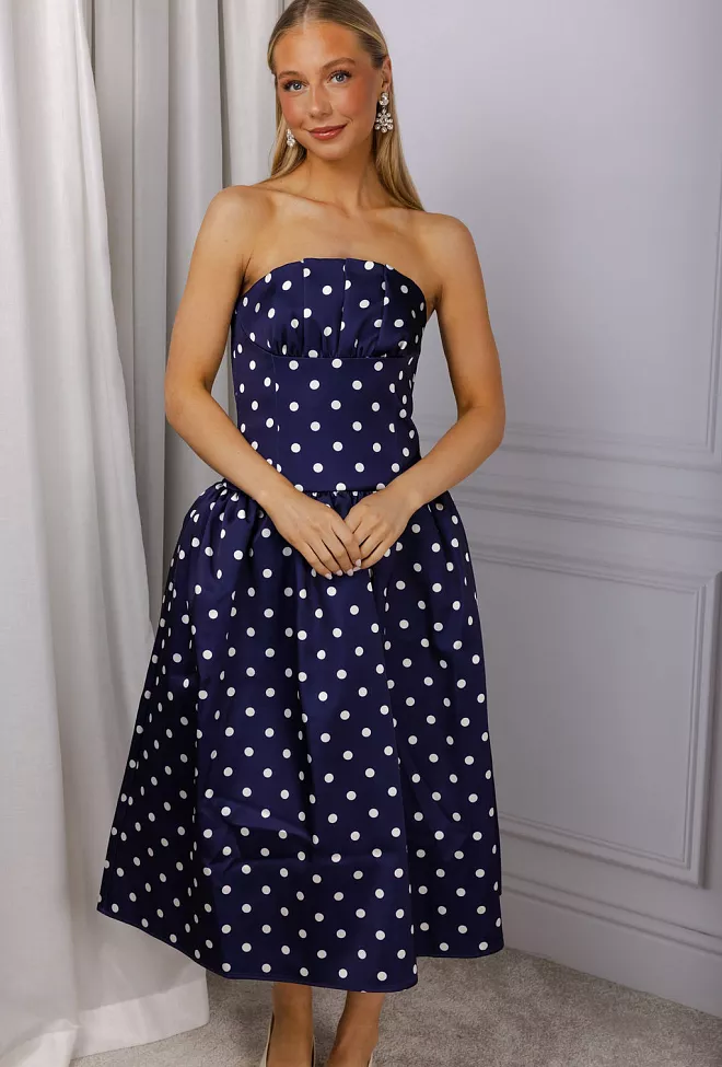 Self Portrait polka dot satin midi dress blå kjole 1