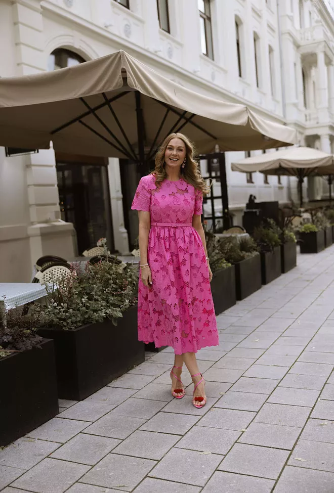 Self Portrait Cotton Lace Midi Dress Pink midikjole