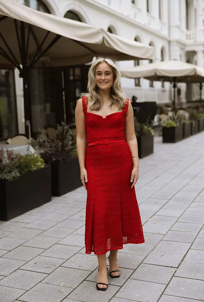 Self Portrait Lattice Lace Midi Dress Red midikjole 