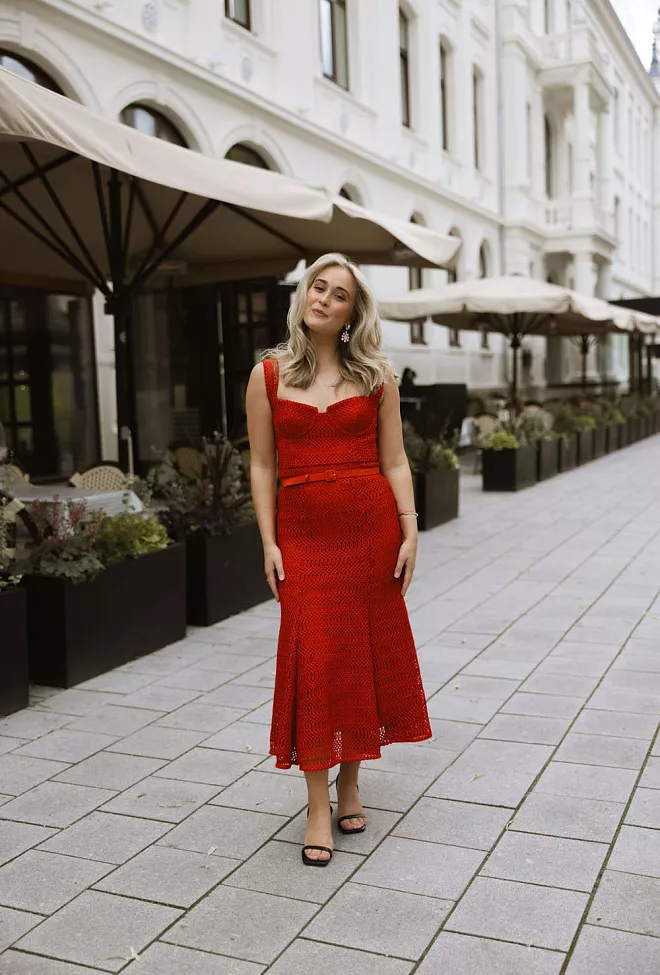  Self Portrait Lattice Lace Midi Dress Red midikjole 8