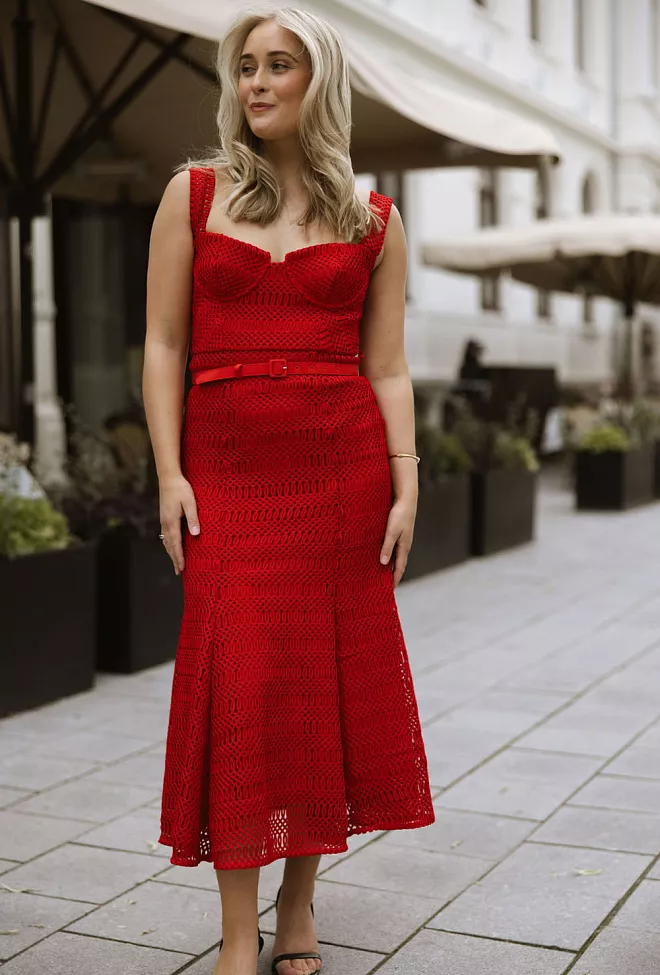  Self Portrait Lattice Lace Midi Dress Red midikjole 3