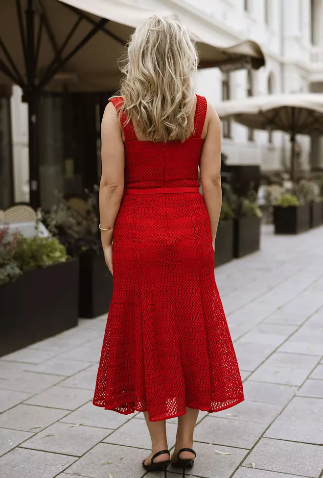  Self Portrait Lattice Lace Midi Dress Red midikjole 5