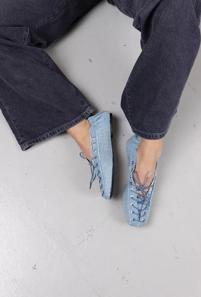 GANNI Eyelets Lace Up Ballerina Strass Denim Faded Denim sko 4